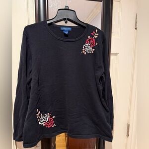 Karen Scott Black Long sleeve Black With Flower  Embroidered Top 2X